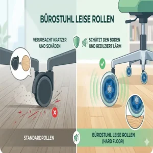 Illustration zur Vermeidung von Kratzern auf Hartböden durch hochwertige Bürostuhl leise rollen.
