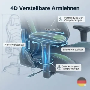Verstellbare 4D-Armlehnen für einen bürostuhl für lange gaming sessions zur Vermeidung von Verspannungen.
