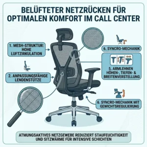 Darstellung der atmungsaktiven Netzstruktur eines Modells der Kategorie bürostuhl für call center arbeit.