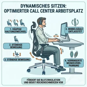 Infografik zum gesundheitsfördernden dynamischen Sitzen auf einem bürostuhl für call center arbeit.