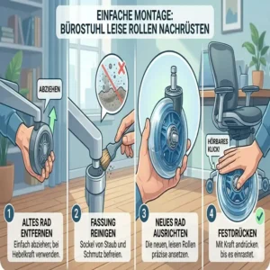 Schritt-für-Schritt-Anleitung: So einfach lassen sich am Bürostuhl leise rollen nachrüsten.