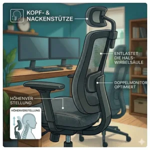 Optimale Nackenunterstützung durch einen bürostuhl für dual monitor setup.