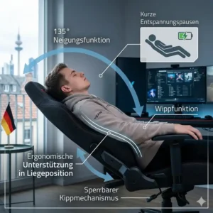 Komfortable Wippfunktion und Neigung am bürostuhl für lange gaming sessions für entspannte Pausen.