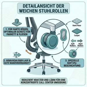 Nahaufnahme der bodenschonenden Spezialrollen für einen bürostuhl für call center arbeit.
