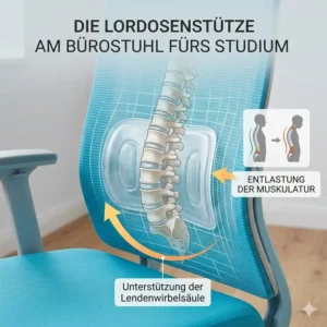 Nahaufnahme der verstellbaren Lordosenstütze an einem hochwertigen bürostuhl fürs studium.