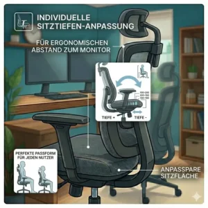 Individuelle Sitztiefenverstellung für einen bürostuhl für dual monitor setup.