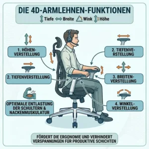 Illustration der verstellbaren 4D-Armlehnen an einem bürostuhl für call center arbeit.