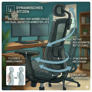 Dynamisches Sitzen und Bewegungsfreiheit auf einem bürostuhl für dual monitor setup.