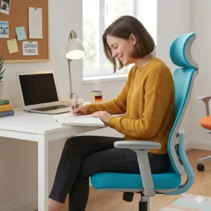 Ein konzentrierter Student beim Lernen auf einem bequemen bürostuhl fürs studium zur Steigerung der Produktivität.
