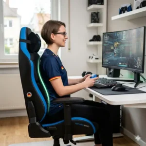 Detailansicht der verstellbaren Lordosenstütze an einem gaming stuhl gegen rückenschmerzen zur Entlastung der Lendenwirbel.