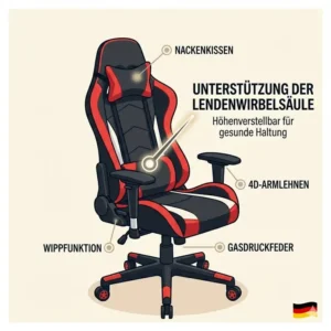 Die verstellbare Lendenwirbelstütze an einem gaming bürostuhl ergonomisch für maximale Rückenunterstützung.