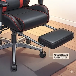 Detailed illustration of the adjustable lumbar support and backrest of a gaming bürostuhl mit fußstütze.