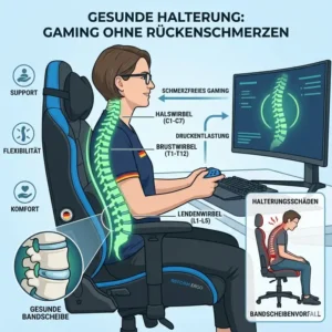Medizinische Darstellung der korrekten Wirbelsäulenhaltung durch einen gaming stuhl gegen rückenschmerzen.