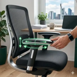 Verstellbare 4D-Armlehnen an einem bürostuhl für berufspendler zur Schulterentlastung.