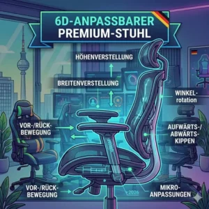 Illustration analyzing the premium 6D armrest adjustment capabilities of a high-end gaming bürostuhl test 2026.