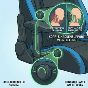 Ergonomische Kopf- und Nackenstütze an einem gaming stuhl gegen rückenschmerzen zur Vermeidung von Verspannungen.