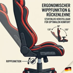 Die komfortable Wippfunktion und neigbare Rückenlehne beim gaming bürostuhl ergonomisch.