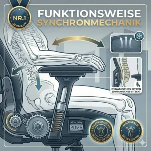 Visualization of the adjustable lumbar support function on a premium ergonomic chair from the premium bürostuhl test 2026.