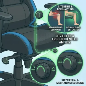 Darstellung der optimalen Sitztiefe und Beinhaltung auf einem gaming stuhl gegen rückenschmerzen.