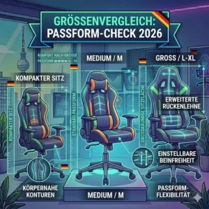 Illustration providing a detailed size and fit comparison chart for models in the gaming bürostuhl test 2026.