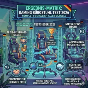 An illustrative results matrix summarizing scores and rankings of all chairs in the gaming bürostuhl test 2026.