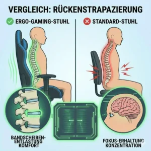 Infografik-Vergleich zwischen einem Standard-Bürostuhl und einem gaming stuhl gegen rückenschmerzen.