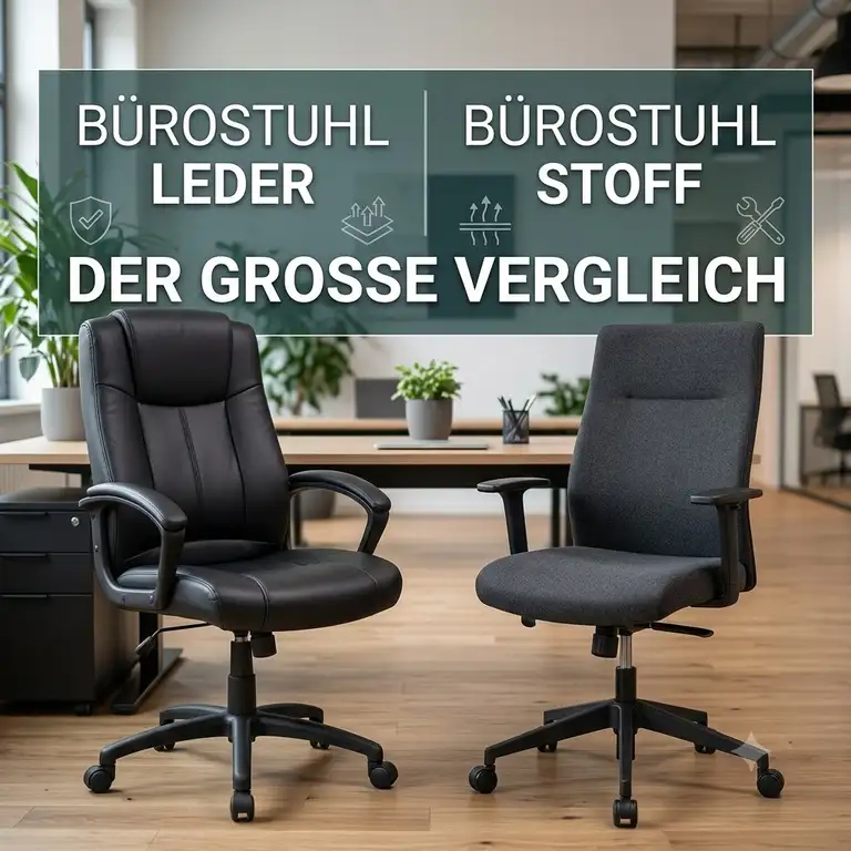 Bürostuhl Leder vs Stoff Vergleich – Ein eleganter Chefsessel aus Leder steht direkt neben einem modernen Bürostuhl mit Stoffbezug im Büro