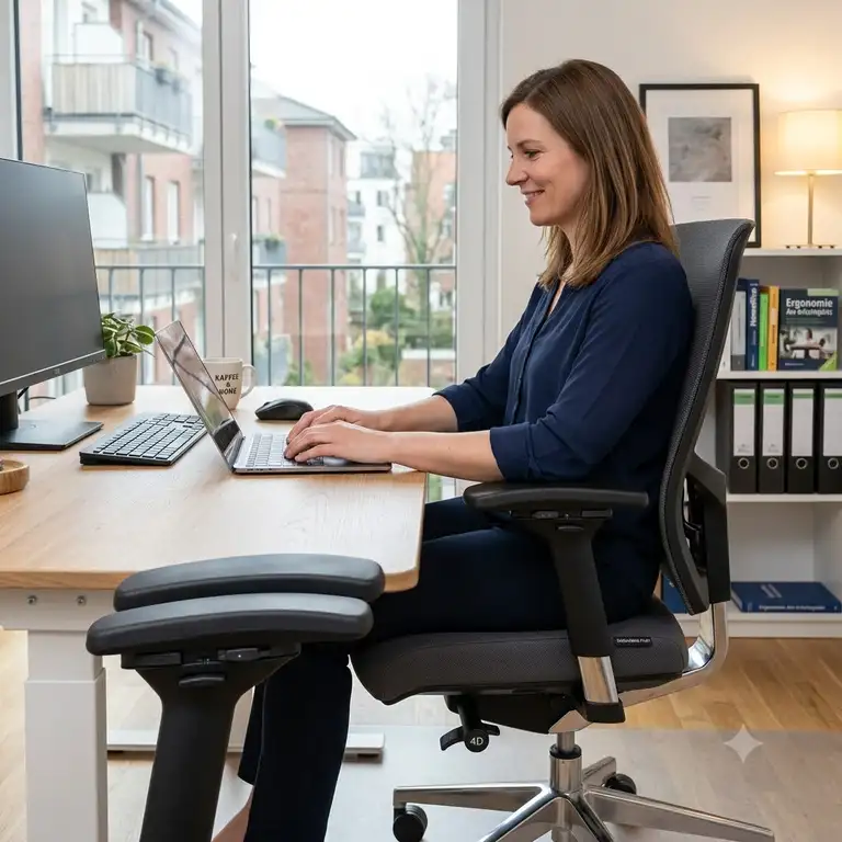 Ergonomischer Bürostuhl mit 4D Armlehnen in einem modernen Homeoffice.