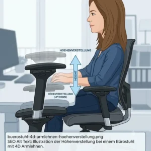 Illustration der Höhenverstellung bei einem Bürostuhl mit 4D Armlehnen.