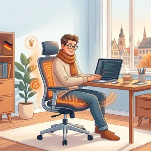 Nahaufnahme der Bedienelemente von einem bürostuhl mit sitzheizung zur einfachen Einstellung der Temperatur.