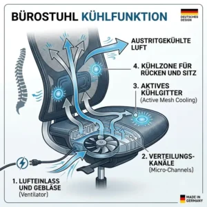 Funktionsweise vom Bürostuhl mit Kühlfunktion durch integrierte Ventilatoren.