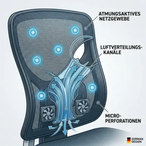 Atmungsaktives Material bei einem Bürostuhl mit Kühlfunktion im Detail.