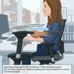 Illustration der Tiefenverstellung bei einem Bürostuhl mit 4D Armlehnen.