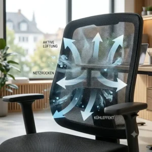 Infografik über den Kühleffekt durch einen bürostuhl atmungsaktives netz gegen Schwitzen.