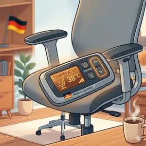 Gemütlicher Arbeitsplatz im Home Office mit einem bürostuhl mit sitzheizung an einem kalten Wintertag.