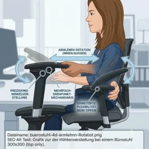 Detailzeichnung der Winkelverstellung bei einem Bürostuhl mit 4D Armlehnen.