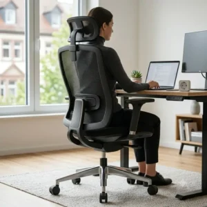 Ein stilvoller bürostuhl atmungsaktives netz platziert in einem hellen Home Office.