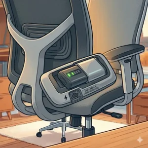 Detailansicht der sicheren Stromversorgung für den bürostuhl mit sitzheizung über Akku oder Kabel.