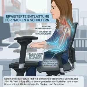 Infografik zu den ergonomischen Vorteilen von einem Bürostuhl mit 4D Armlehnen.