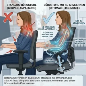 Vergleich zwischen Standard-Modellen und einem Bürostuhl mit 4D Armlehnen.