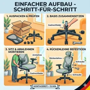 Illustration zum einfachen Aufbau von einem günstiger ergonomischer Bürostuhl.