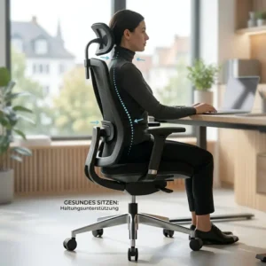 Seitenansicht von einem bürostuhl atmungsaktives netz für eine gesunde Sitzhaltung.