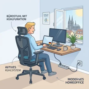Ein moderner Arbeitsplatz mit einem Bürostuhl mit Kühlfunktion im Homeoffice.