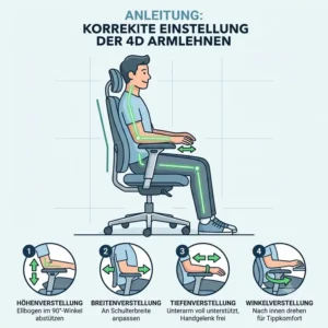 Anleitung zur richtigen Einstellung von einem Bürostuhl mit 4D Armlehnen.