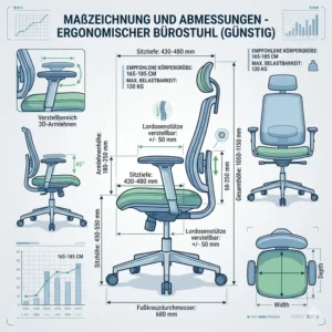 Technische Zeichnung mit Maßen für einen günstiger ergonomischer Bürostuhl.