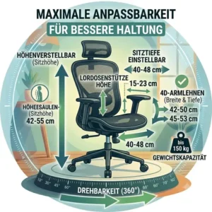 Infografik mit den Maßen, Abmessungen und dem Verstellbereich für einen Bürostuhl höhenverstellbar bester Ausführung.