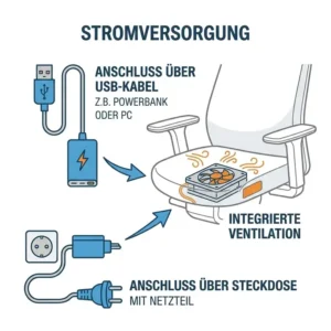 USB-Stromversorgung für die Ventilation vom Bürostuhl mit Kühlfunktion.
