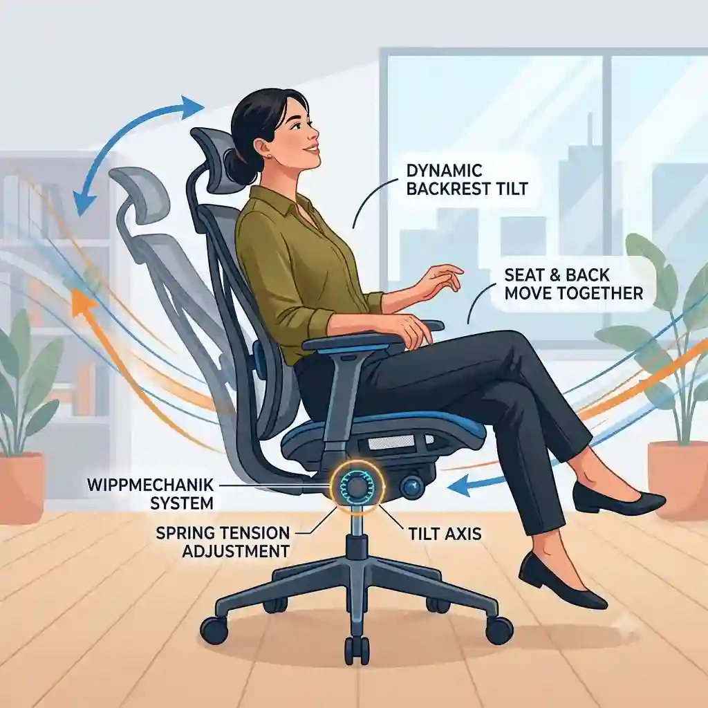 A detailed explanation of how an ergonomic office chair with tilt mechanism works.bürostuhl mit wippmechanik erklärung