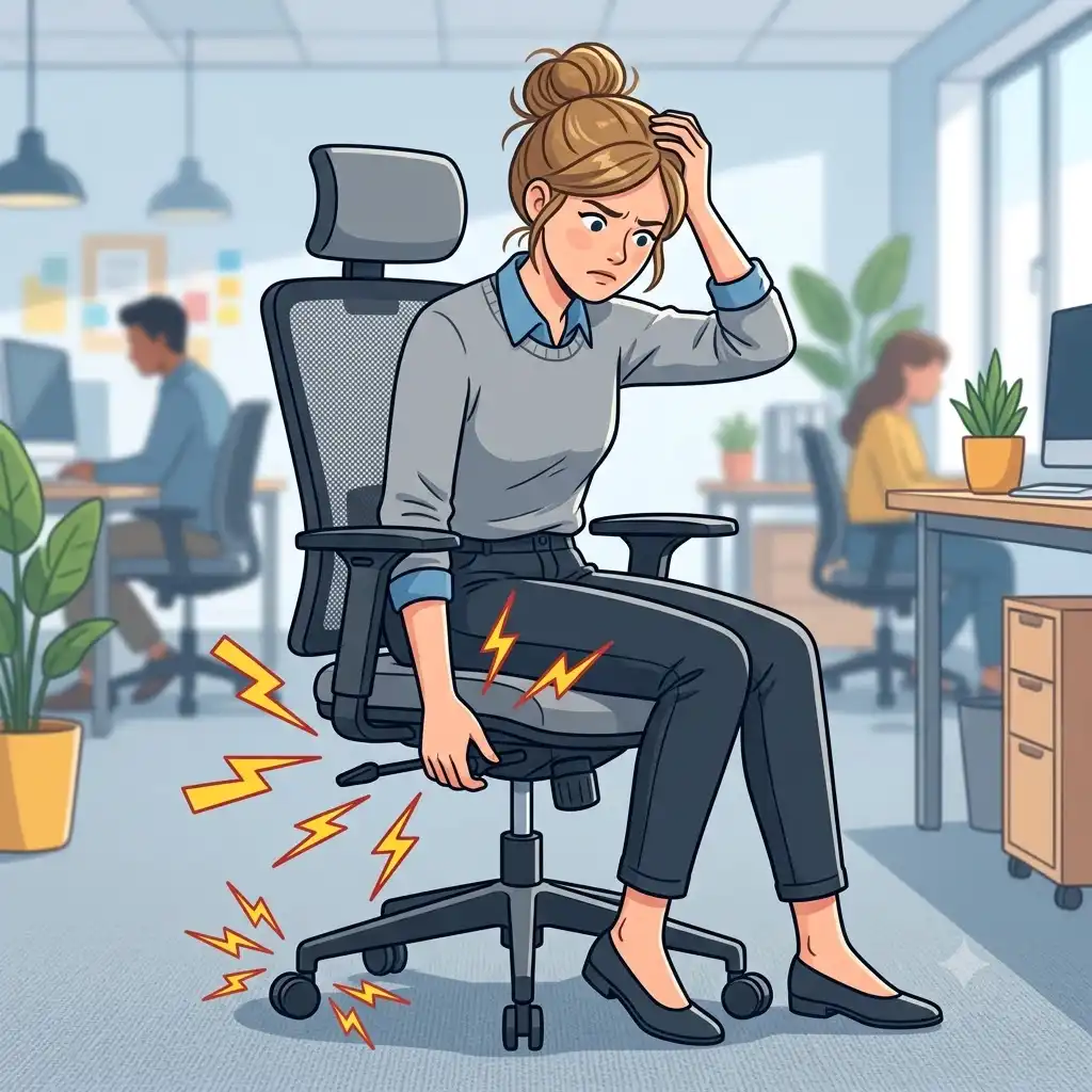 A worried office worker inspecting a squeaky office chair, illustrating the first step of "bürostuhl quietscht was tun".