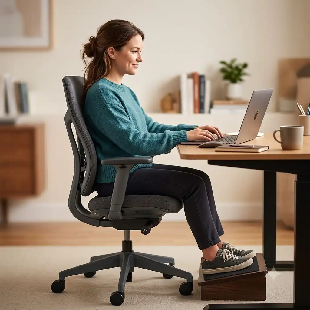 Featured Image showing an ergonomic office chair for small person correctly adjusted with feet on a footrest.bürostuhl für kleine personen